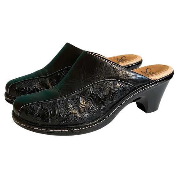 Sofft Mules Shoes 7M Black Leather Floral Embossed Heels Slip On Bicycle Toe - Picture 4 of 16